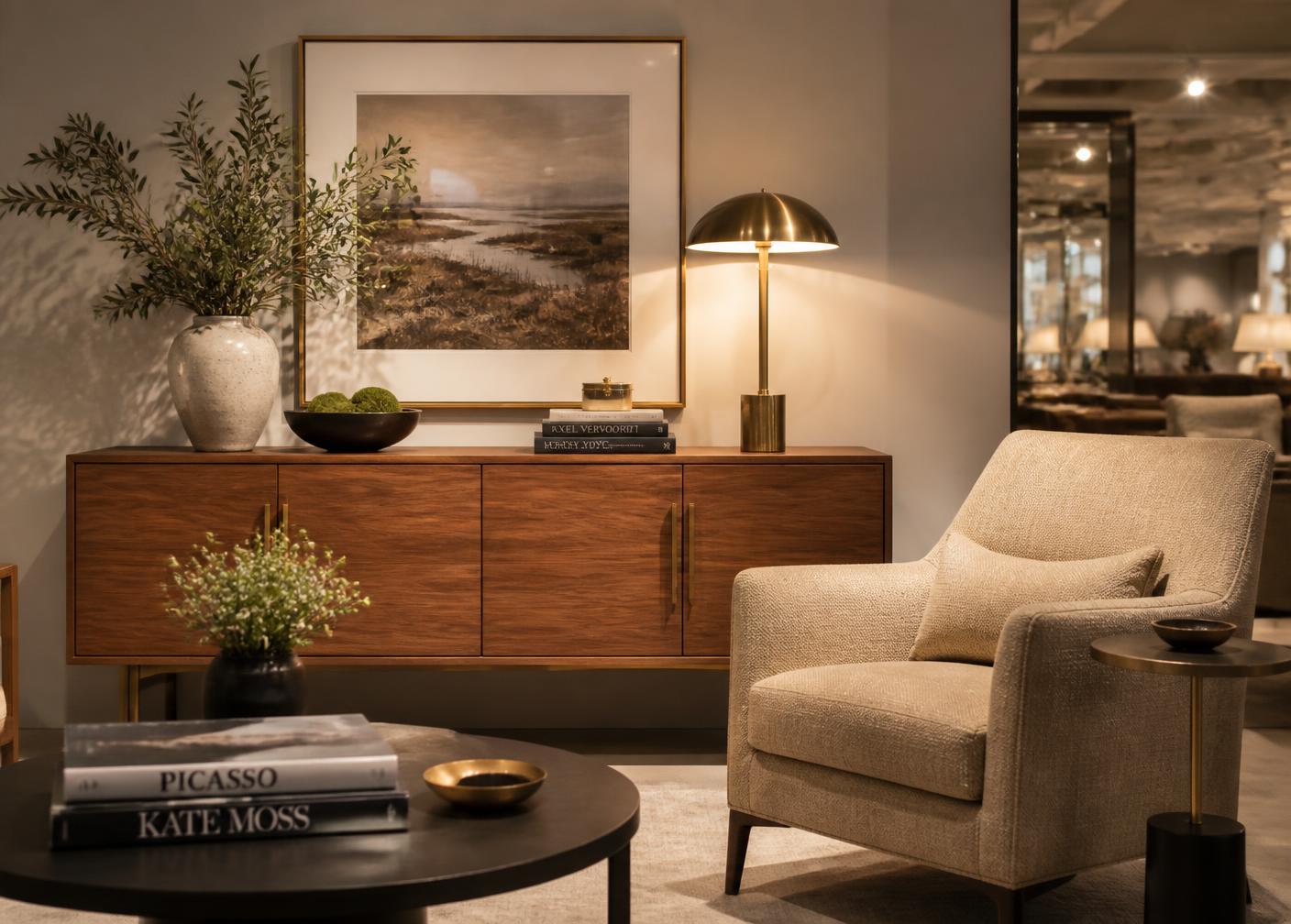 Showroom com aparador em nogueira, luminária em latão e poltrona areia