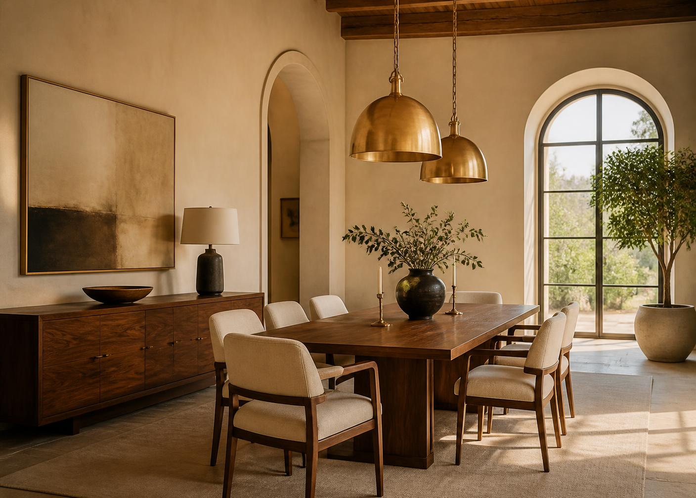 Sala de jantar com mesa de nogueira e pendentes em latão